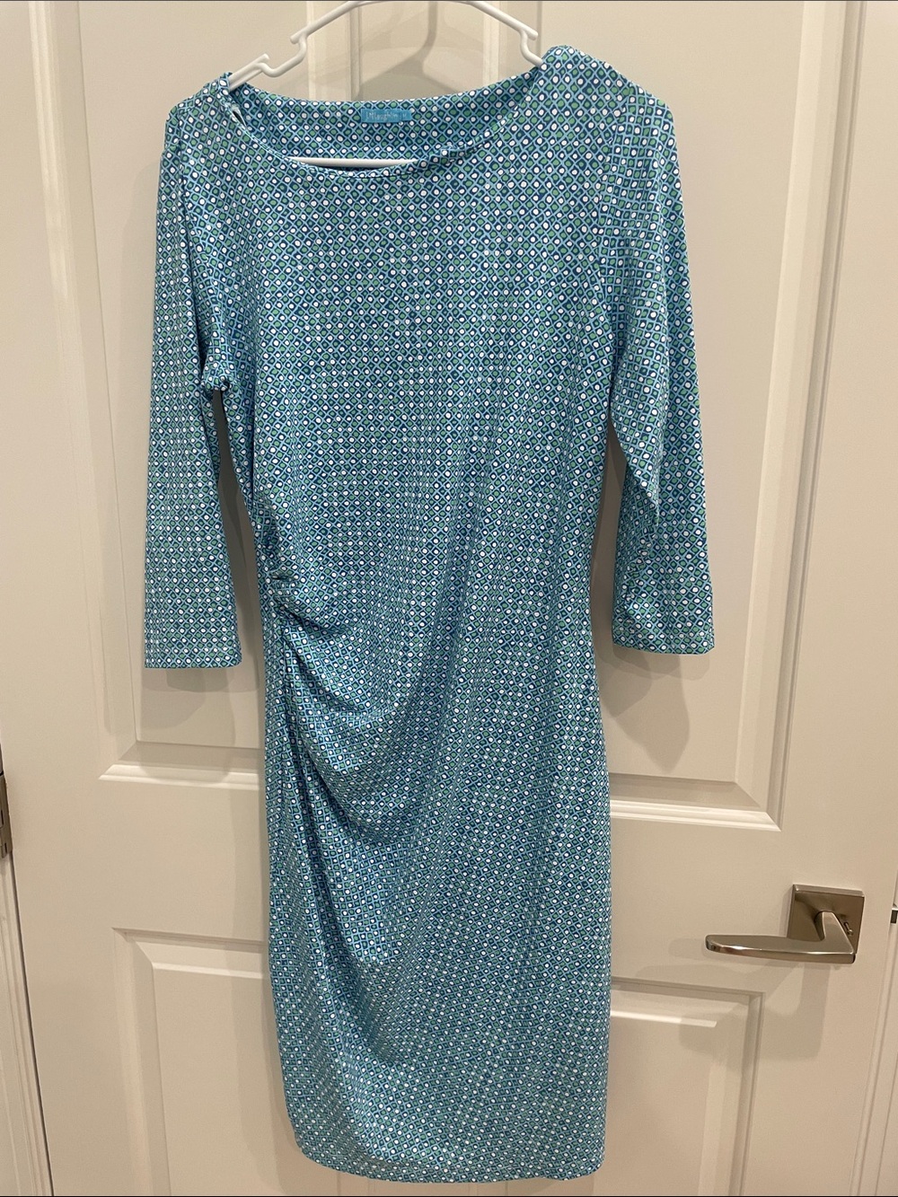 J. McLaughlin Teal Geometric Ruched Sheath Dress